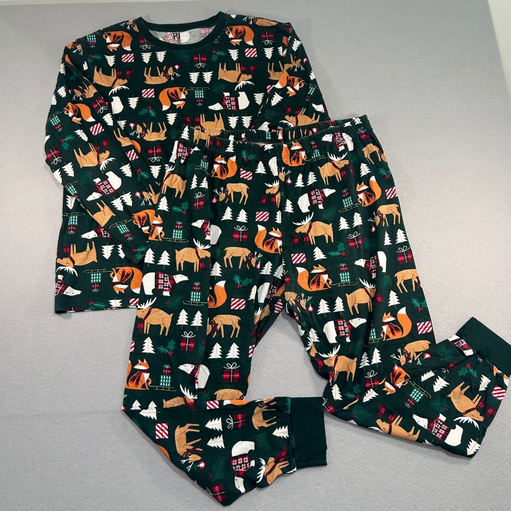 Childrens Place Pajama Set Adult XL Green Holiday Fox Polar Bear Reindeer Cotton